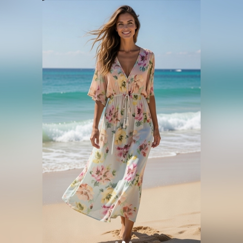 WORLD MARKET FLORAL V-NECK MAXI DRESS. EMPIRE WAIST. SIZE SMALL/ MEDIUM.